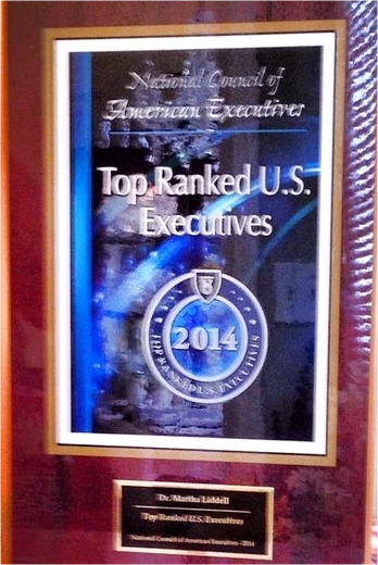 Top Ranked U.S. Executives plaque awarded to Dr. Martha Liddell by the National Council of American Executives.