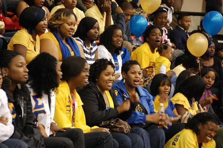 A cheering crowd at an HBCU step show.